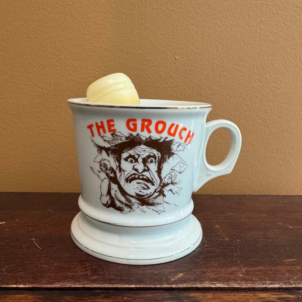 Vintage Ode to a Grouch gold accent poem men's vanity shaving cup mug & brush‎